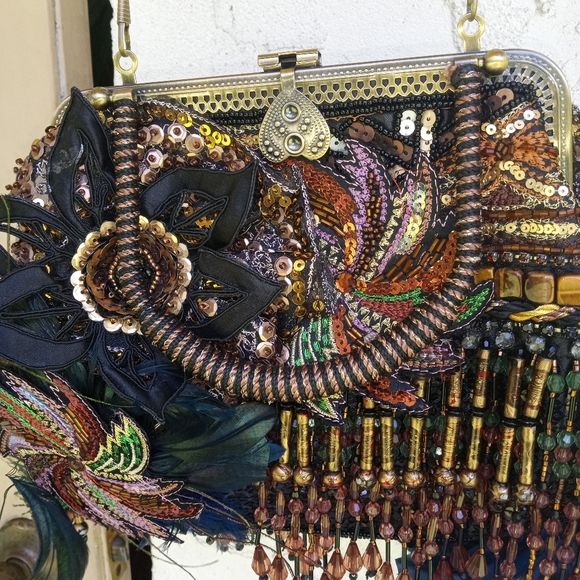 Chico'sBeaded Bag wIth long Shoulder Chain chenille tapestry Purse embellished - Picture 1 of 3